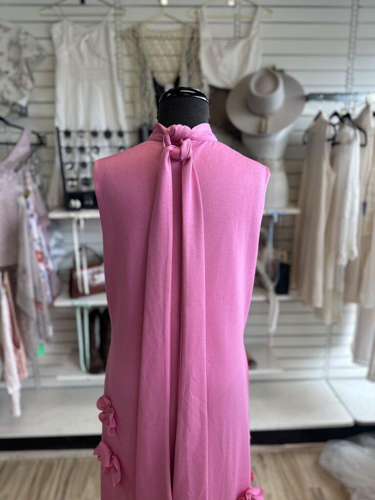 Pink Textured Flower High Neck Sleeveless Long Formal Dress Extra Large