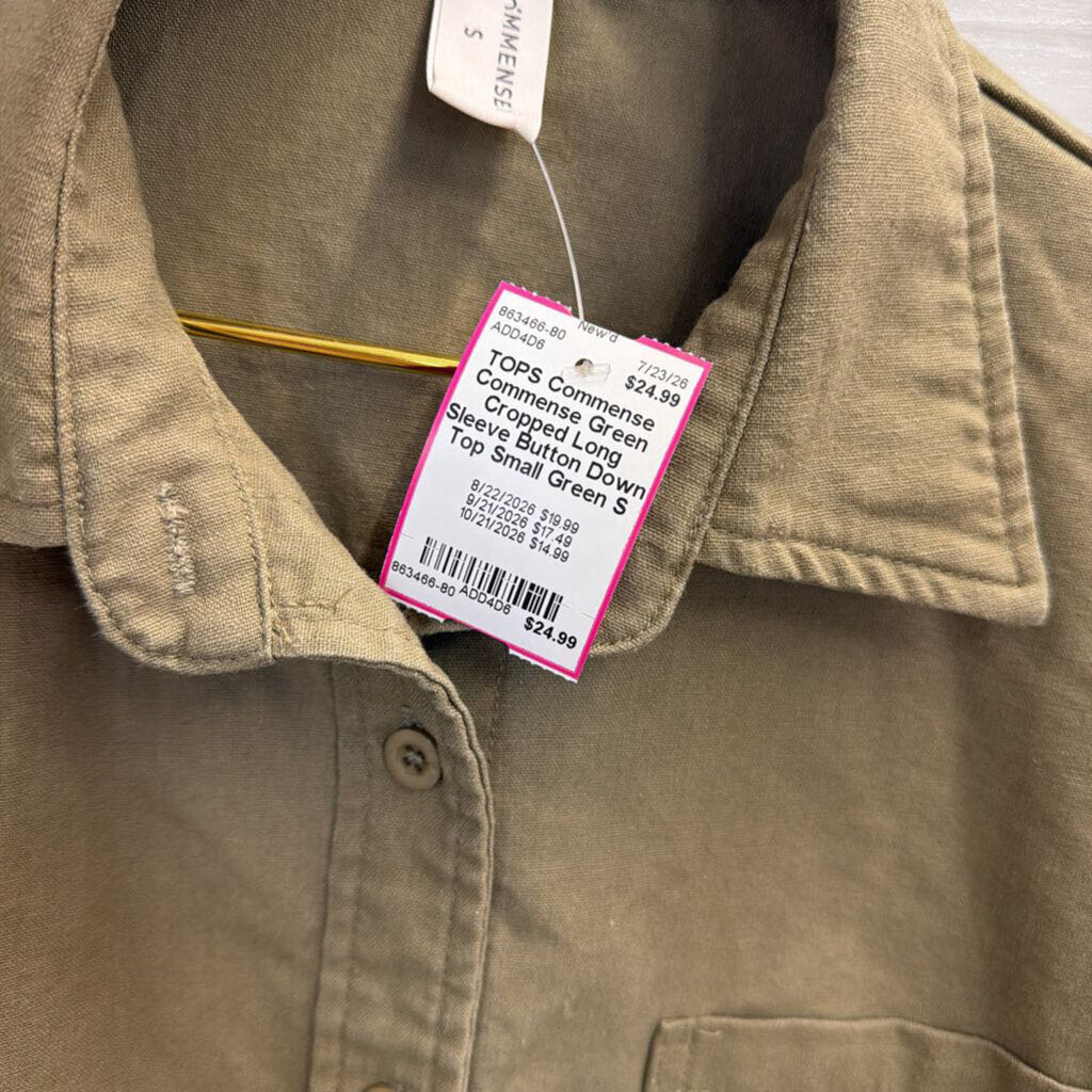 Commense Green Cropped Long Sleeve Button Down Top Small