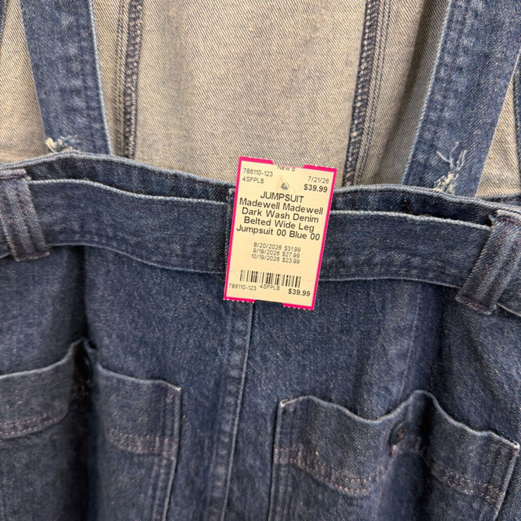 Madewell Dark Wash Denim Belted Wide Leg Jumpsuit 00