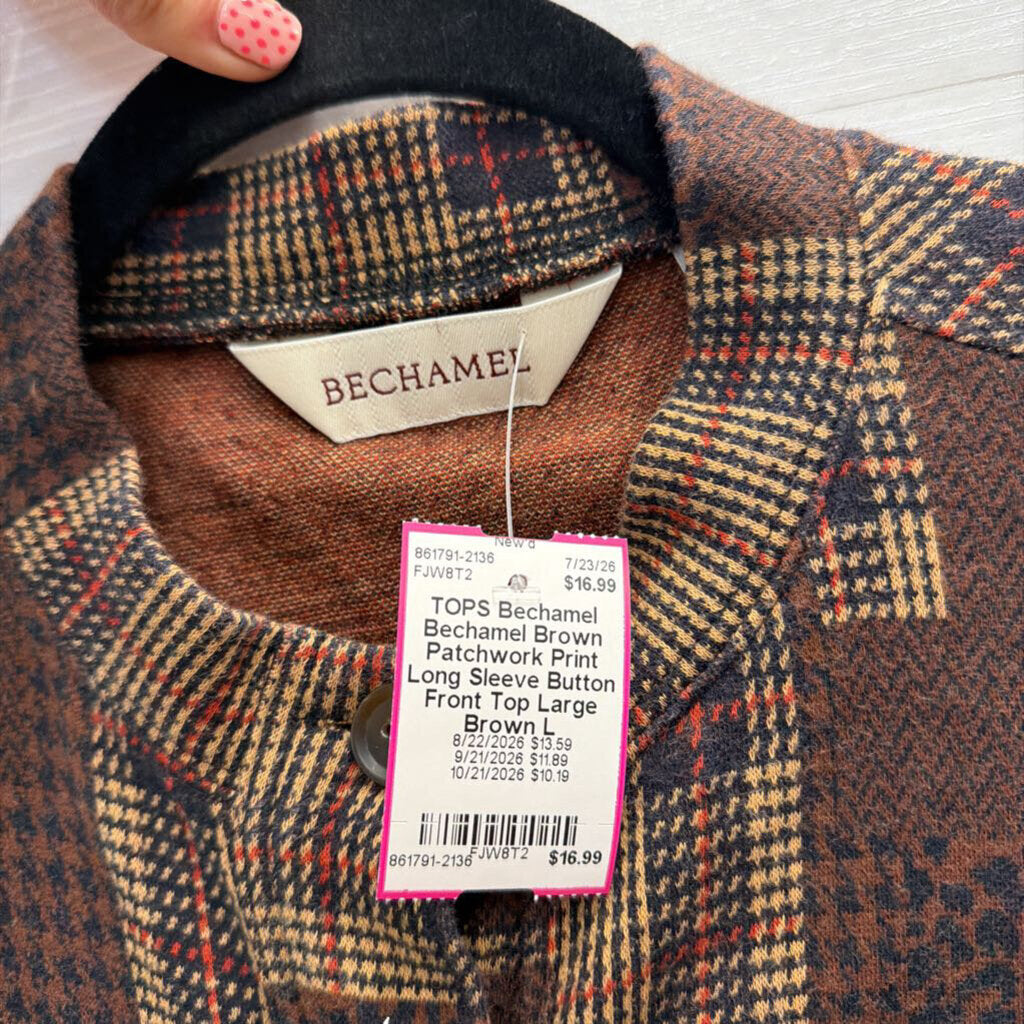 Bechamel Brown Patchwork Print Long Sleeve Button Front Top Large