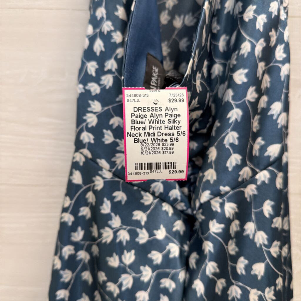 Alyn Paige Blue/ White Silky Floral Print Halter Neck Midi Dress 5/6