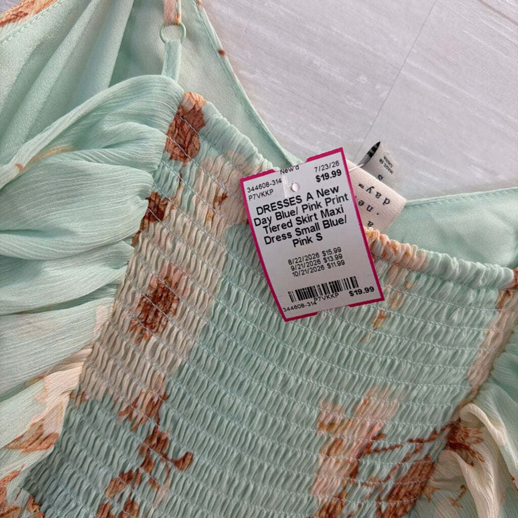 Blue/ Pink Print Tiered Skirt Maxi Dress Small