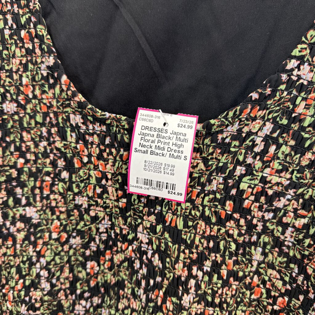 Japna Black/ Multi Floral Print High Neck Midi Dress Small