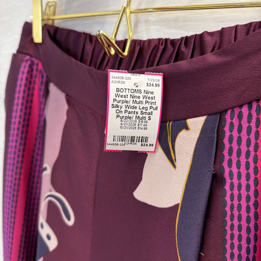 Nine West Purple/ Multi Print Silky Wide Leg Pull On Pants Small