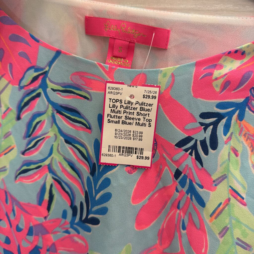 Lilly Pulitzer Blue/ Multi Print Short Flutter Sleeve Top Small