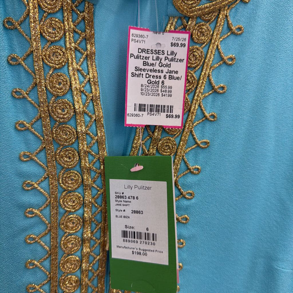 Lilly Pulitzer Blue/ Gold Sleeveless Jane Shift Dress 6