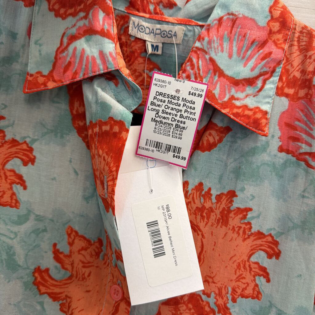 Moda Posa Blue/ Orange Print Long Sleeve Button Down Dress Mediumm