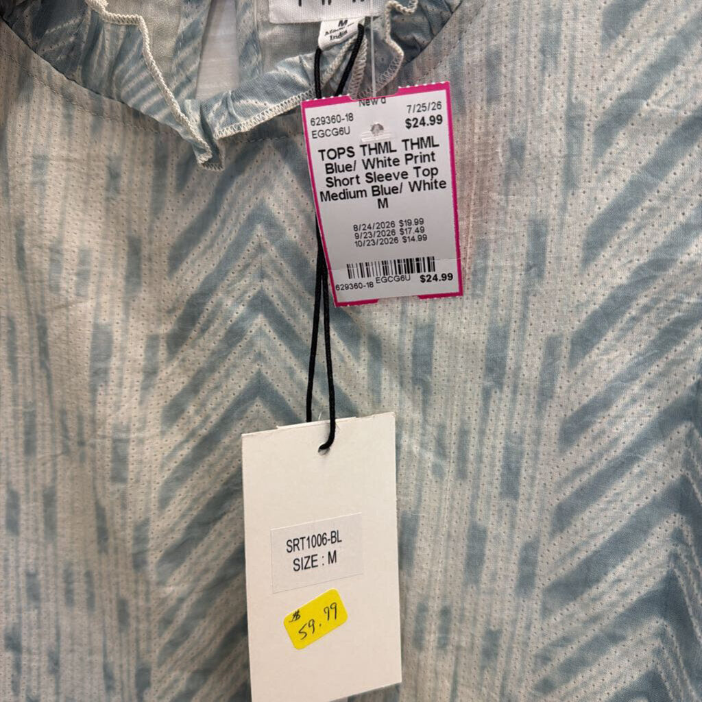 THML Blue/ White Print Short Sleeve Top Medium