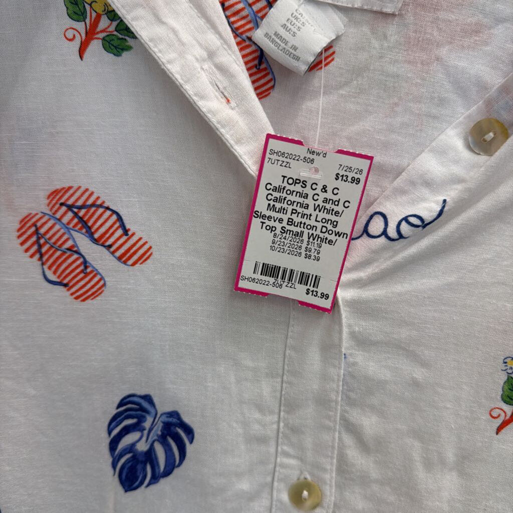 C and C California White/ Multi Print Long Sleeve Button Down Top Small