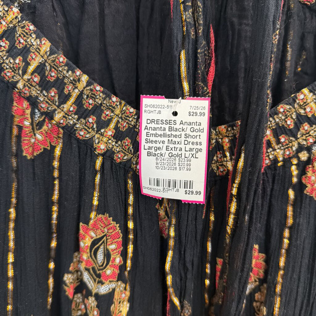 Ananta Black/ Gold Embellished Short Sleeve Maxi Dress Large/ Extra Large