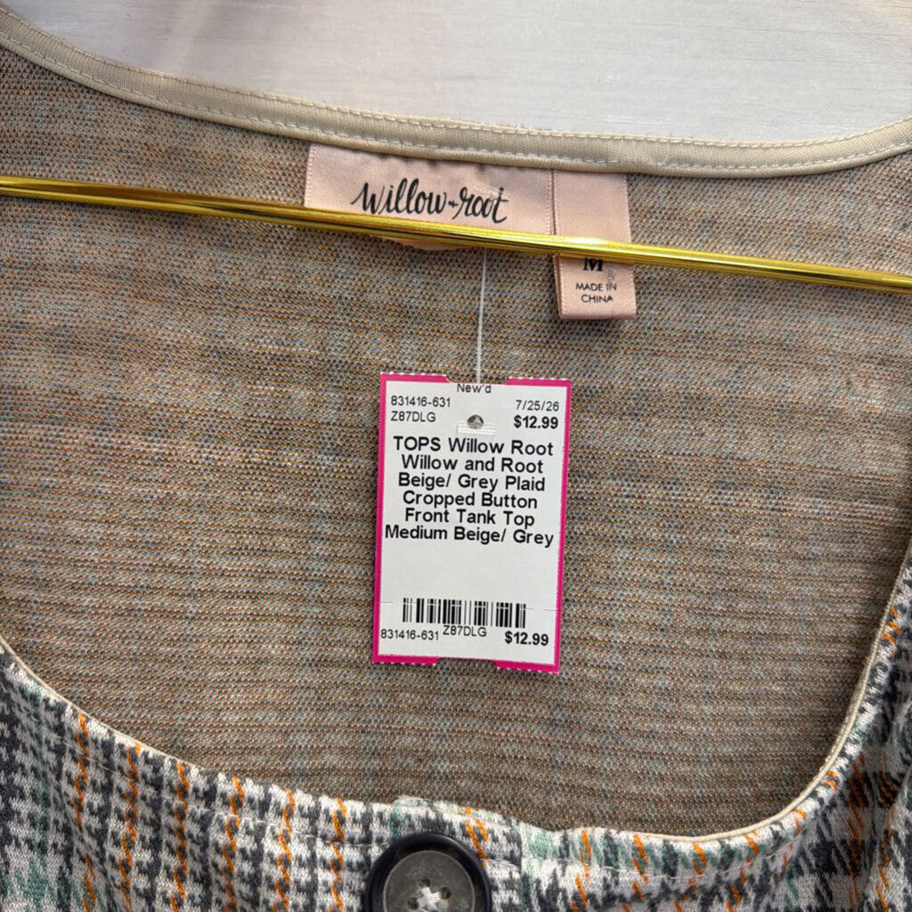 Willow and Root Beige/ Grey Plaid Cropped Button Front Tank Top Medium