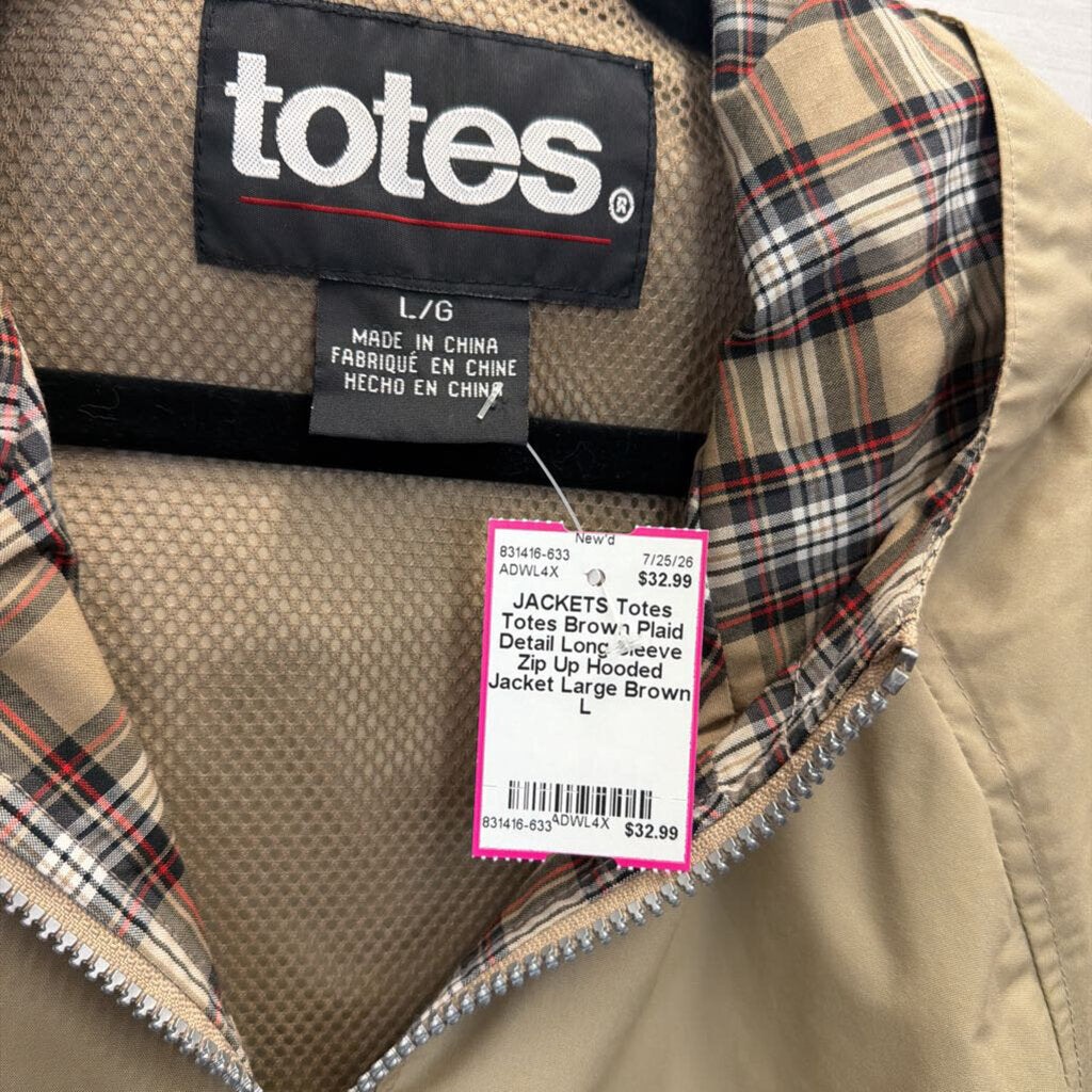 Totes Brown Plaid Detail Long Sleeve Zip Up Hooded Jacket Large