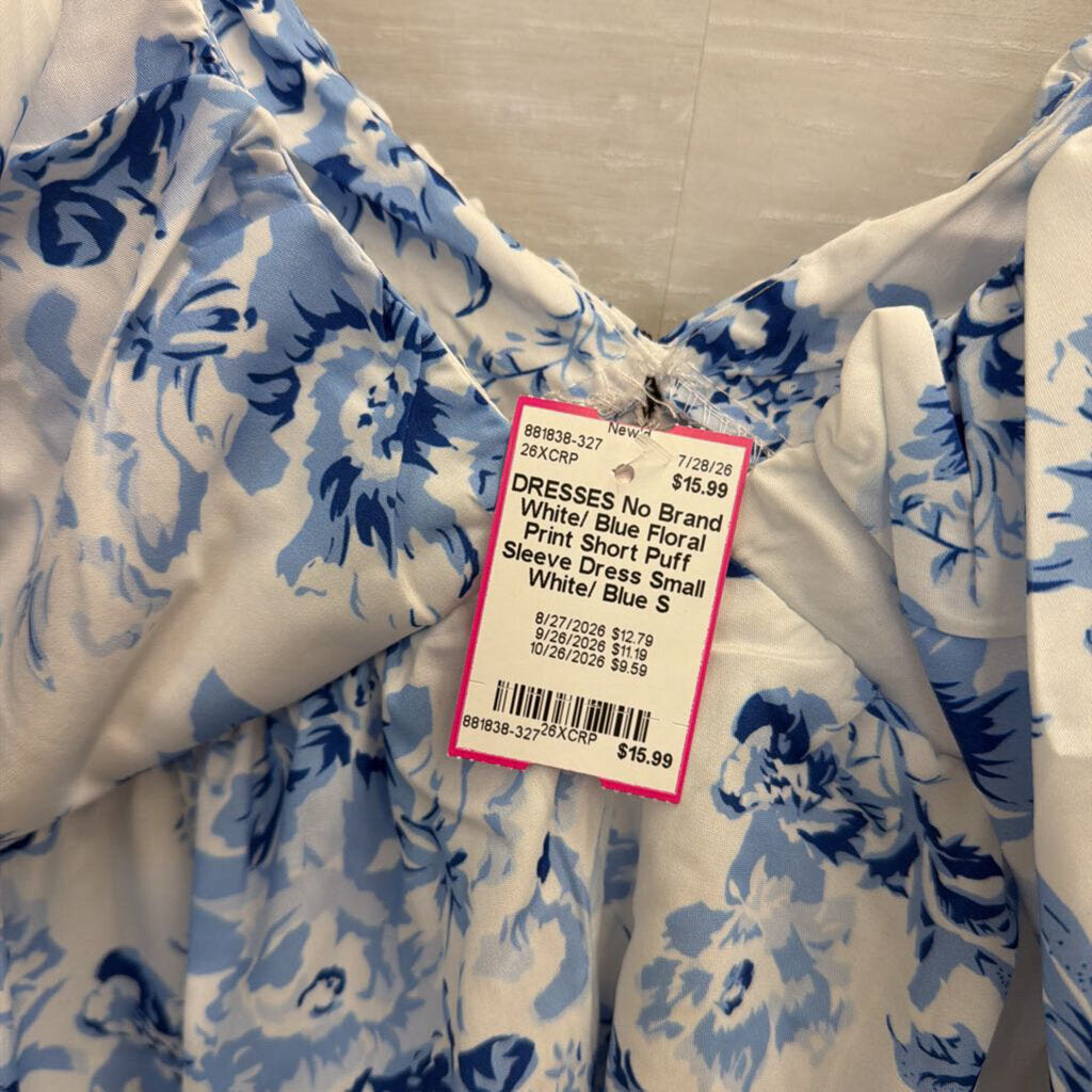 White/ Blue Floral Print Short Puff Sleeve Dress Small