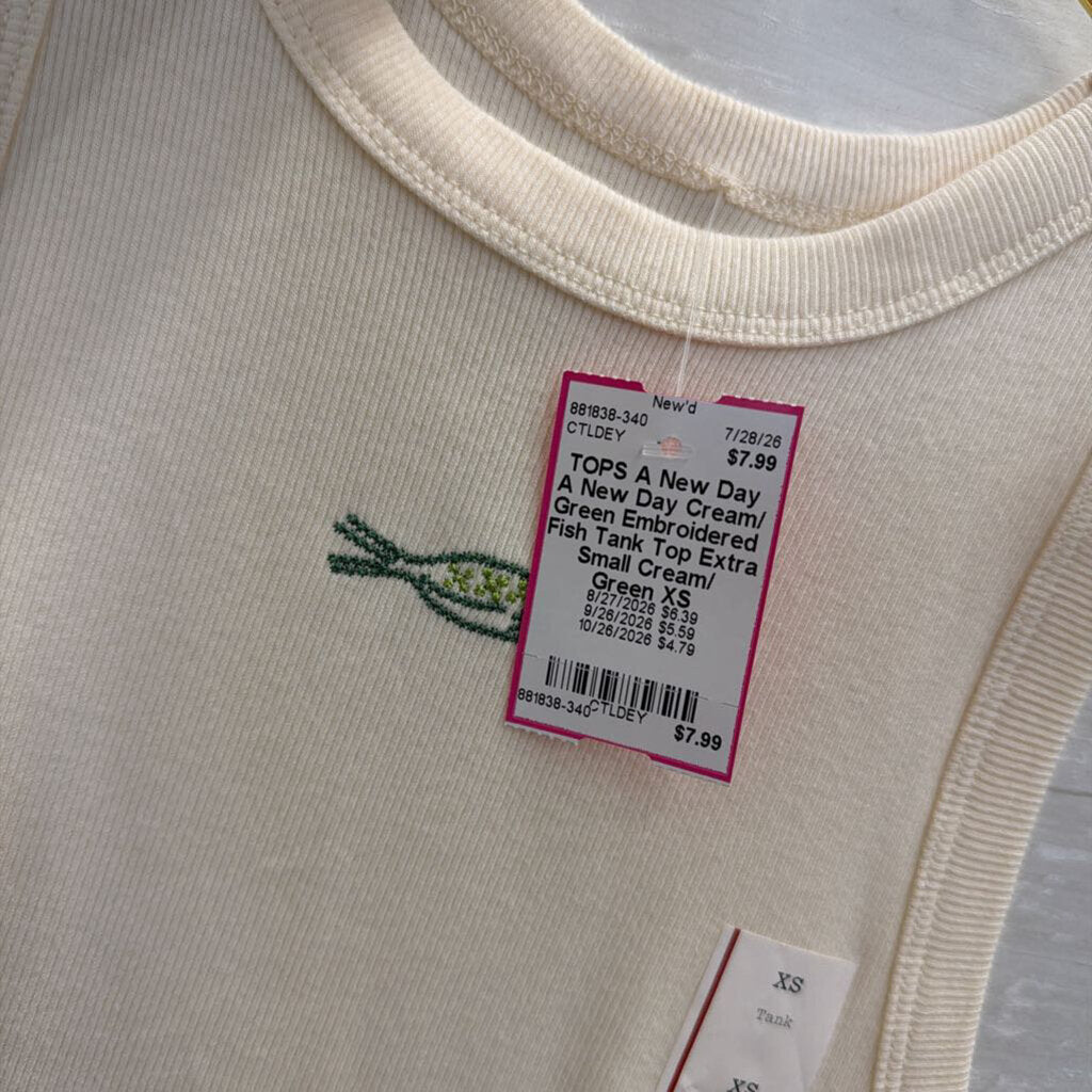 A New Day Cream/ Green Embroidered Fish Tank Top Extra Small