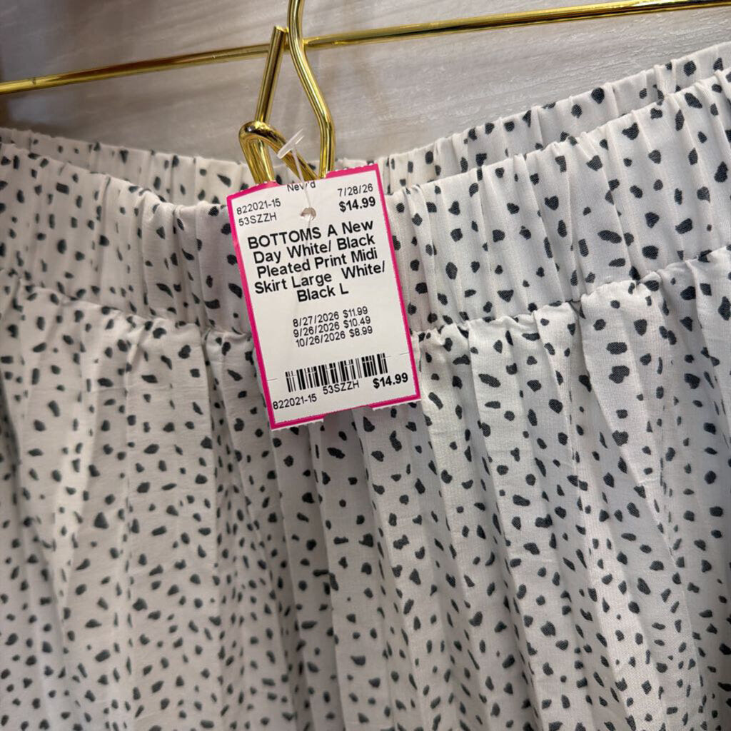 White/ Black Pleated Print Midi Skirt Large