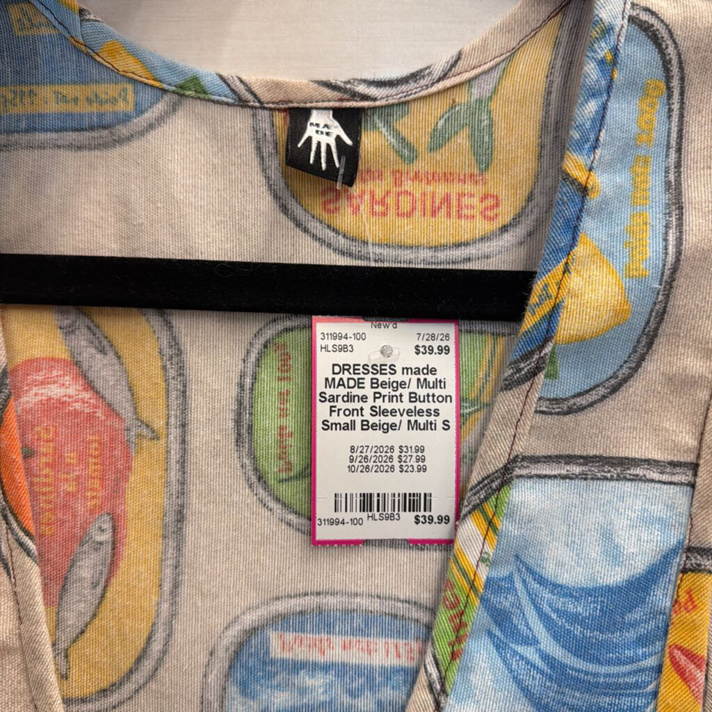 MADE Beige/ Multi Sardine Print Button Front Sleeveless Small