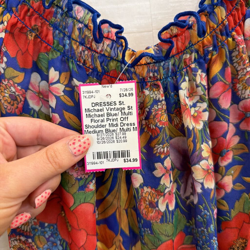 Vintage St Michael Blue/ Multi Floral Print Off Shoulder Midi Dress Medium