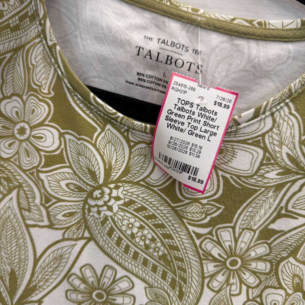 Talbots White/ Green Print Short Sleeve Top Large