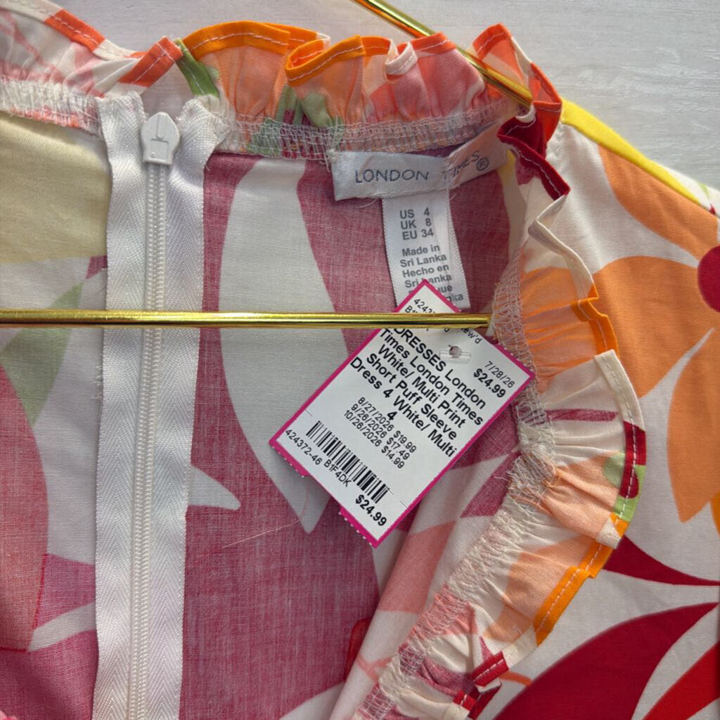 London Times White/ Multi Print Short Puff Sleeve Dress 4