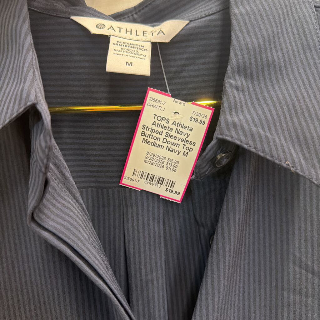 Athleta Navy Striped Sleeveless Button Down Top Medium