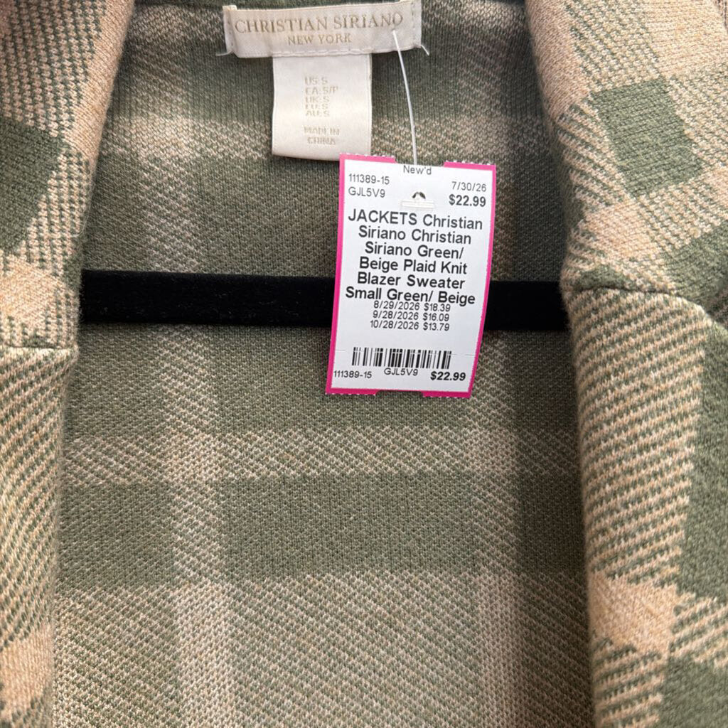 Christian Siriano Green/ Beige Plaid Knit Blazer Sweater Small