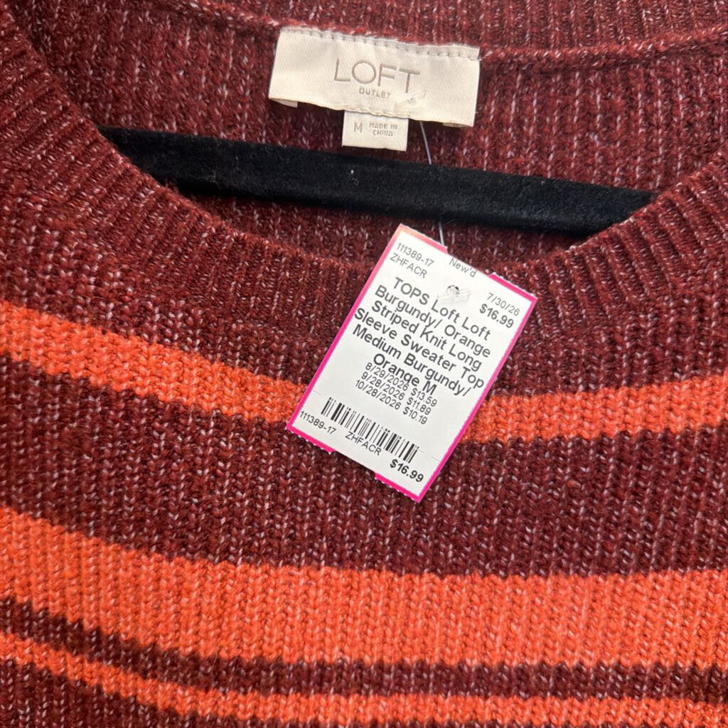 Loft Burgundy/ Orange Striped Knit Long Sleeve Sweater Top Medium