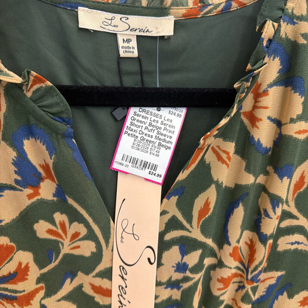 Les Serein Green/ Beige Print Short Puff Sleeve Maxi Dress Medium Petite