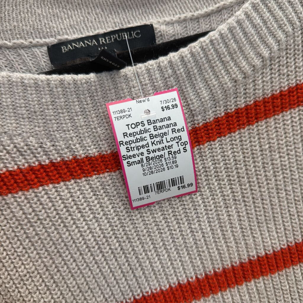 Banana Republic Beige/ Red Striped Knit Long Sleeve Sweater Top Small