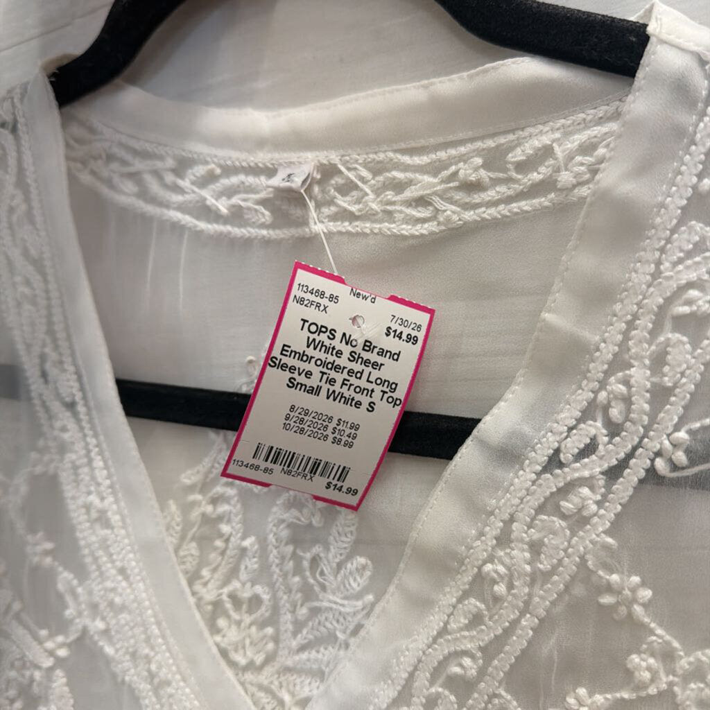 White Sheer Embroidered Long Sleeve Tie Front Top Small