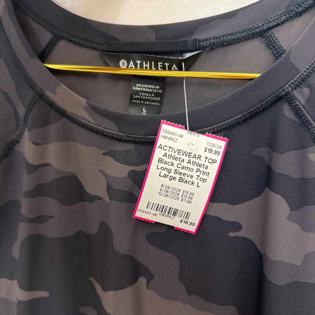 Athleta Black Camo Print Long Sleeve Top Large
