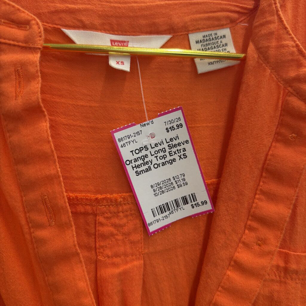 Levi Orange Long Sleeve Henley Top Extra Small