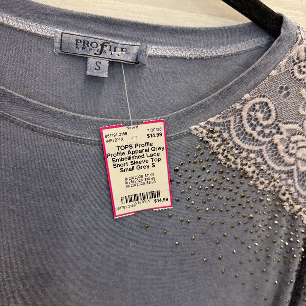 Profile Apparel Grey Embellished Lace Short Sleeve Top Small