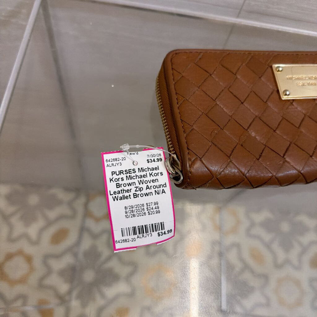 Michael Kors Brown Woven Leather Zip Around Wallet