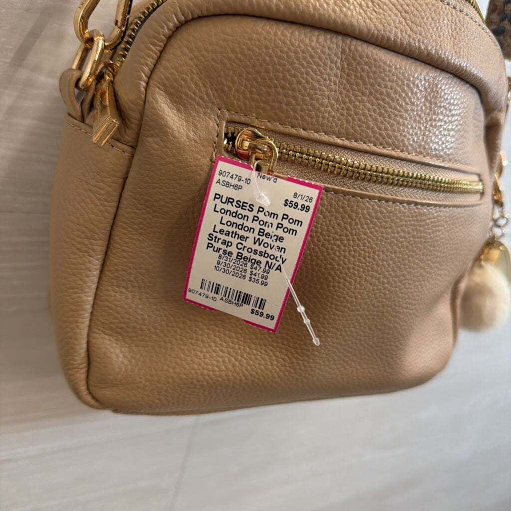 Pom Pom London Beige Leather Woven Strap Crossbody Purse