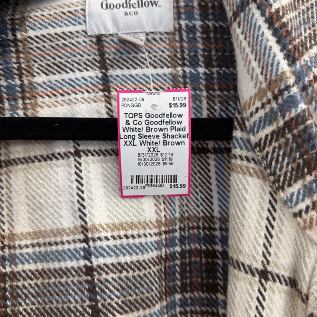 Goodfellow White/ Brown Plaid Long Sleeve Shacket XXL