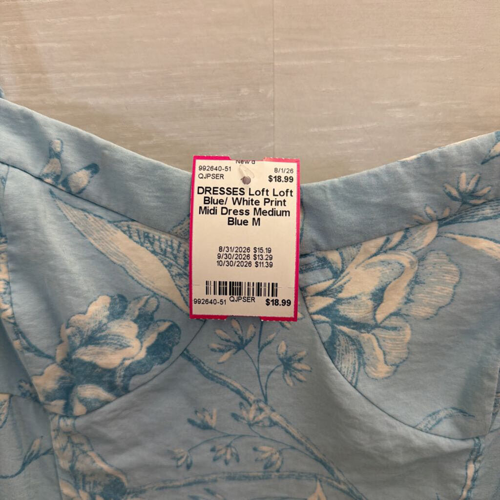 Loft Blue/ White Print Midi Dress Medium