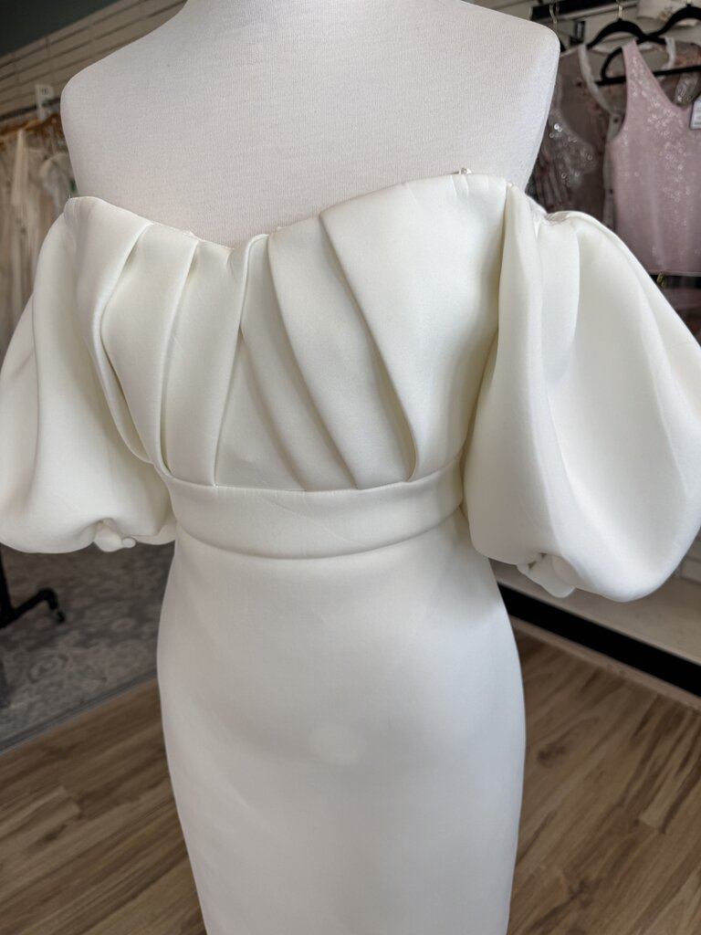 Badgley Mischka Ivory Short Puff Sleeve Midi Formal Dress 6
