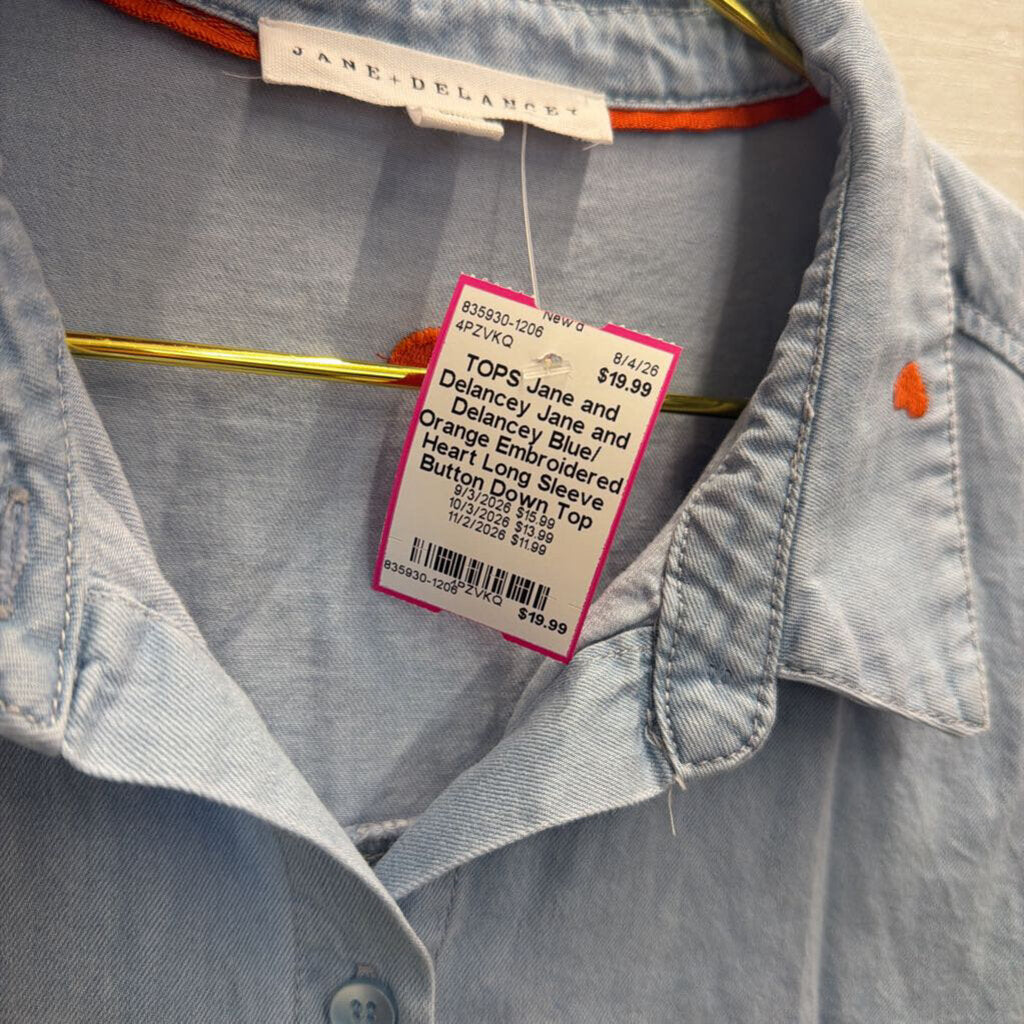 Jane and Delancey Blue/ Orange Embroidered Heart Long Sleeve Button Down Top Large