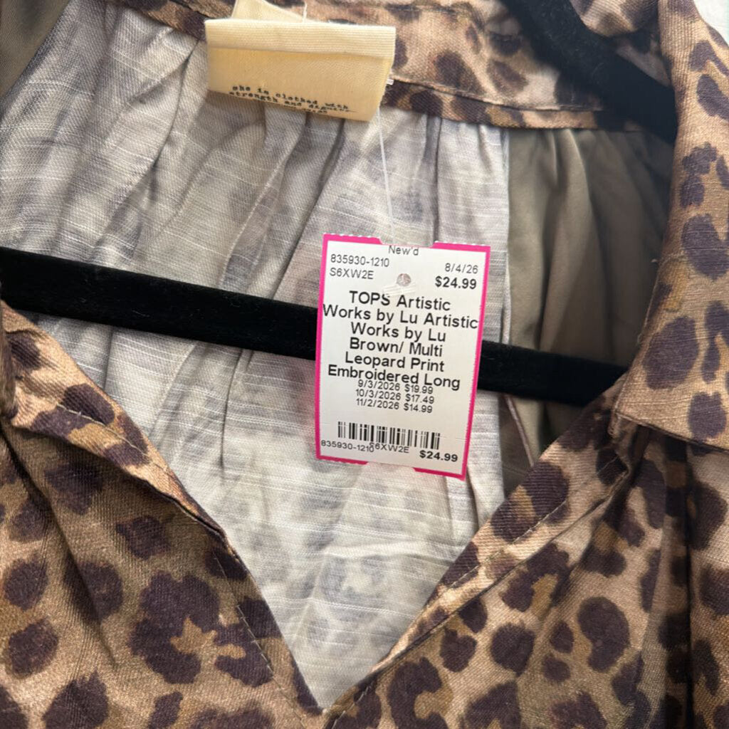 Artistic Works by Lu Brown/ Multi Leopard Print Embroidered Long Sleeve Top Medium