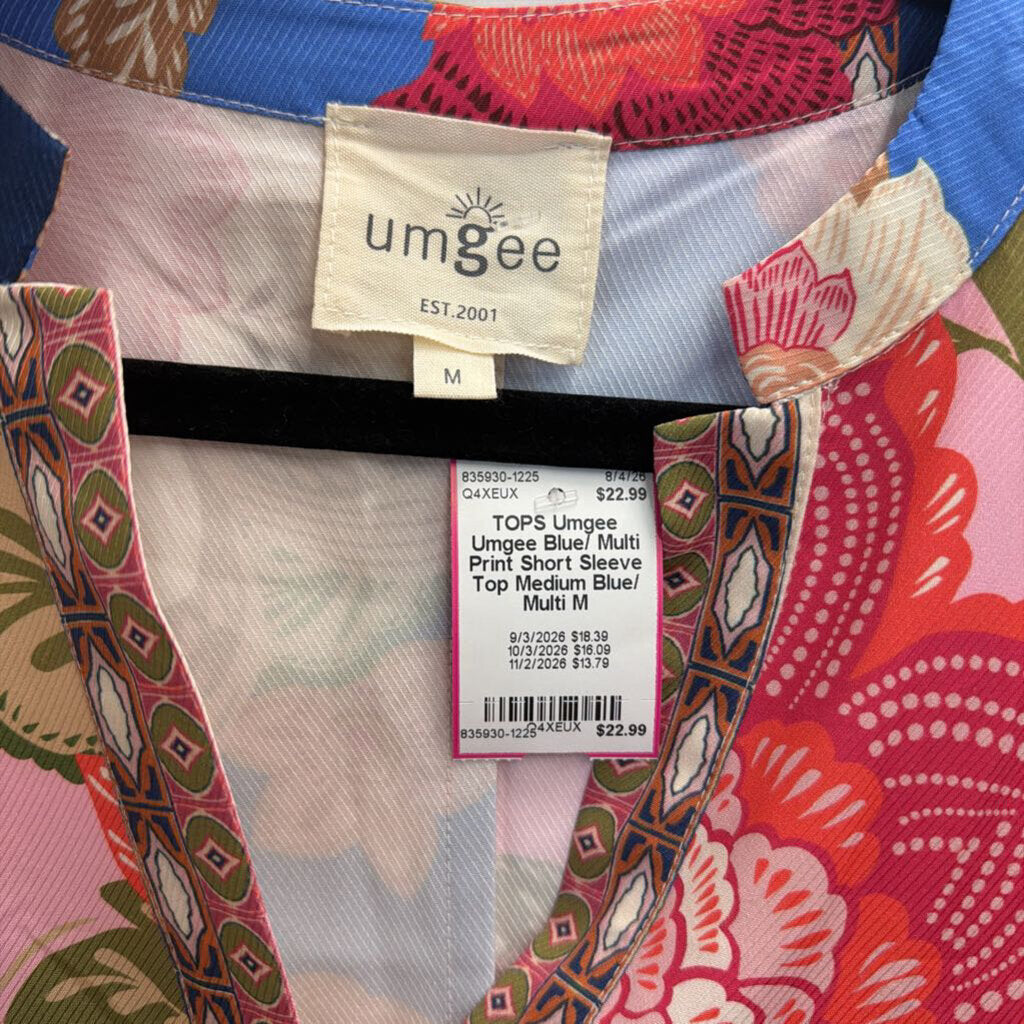 Umgee Blue/ Multi Print Short Sleeve Top Medium