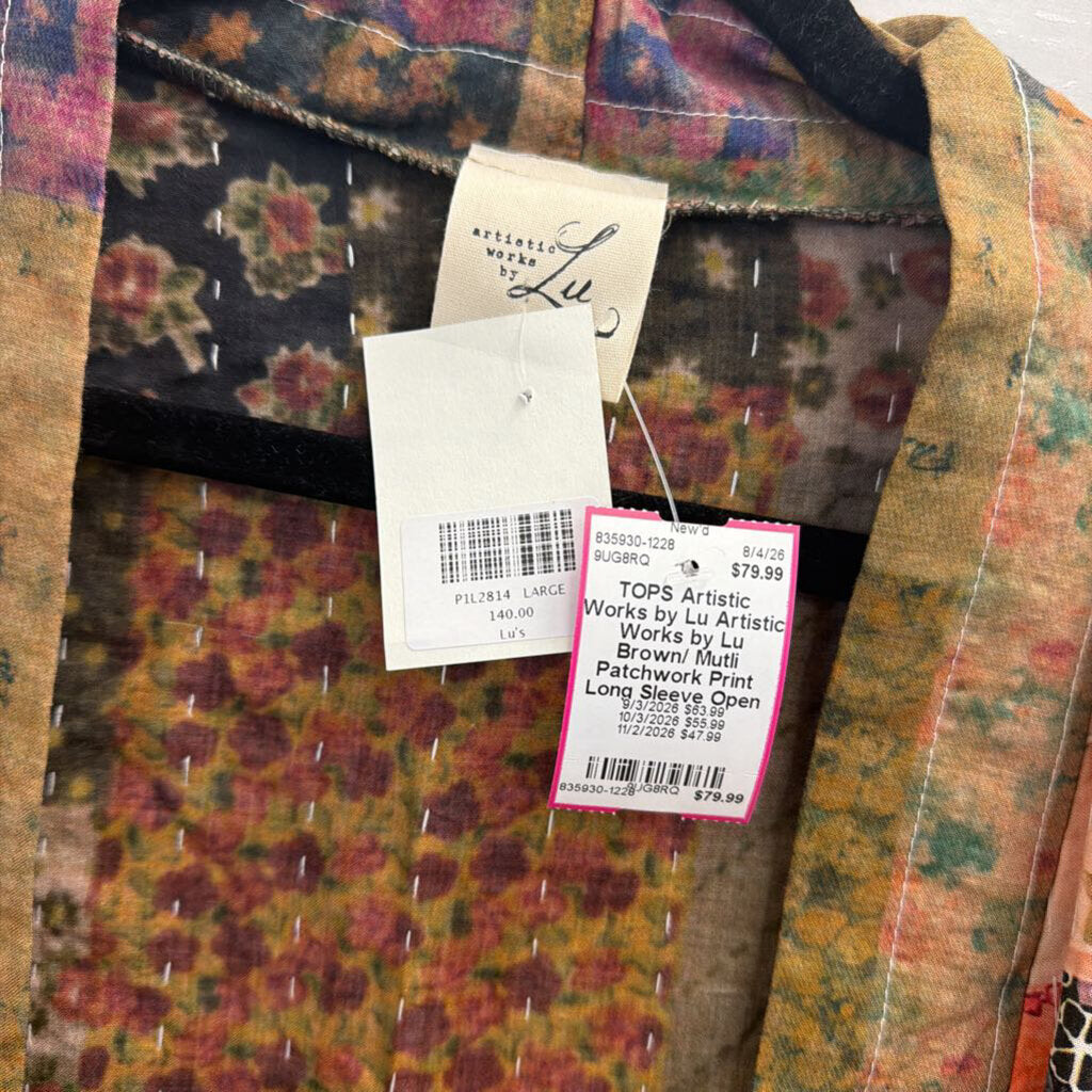 Artistic Works by Lu Brown/ Mutli Patchwork Print Long Sleeve Open Front Duster Large