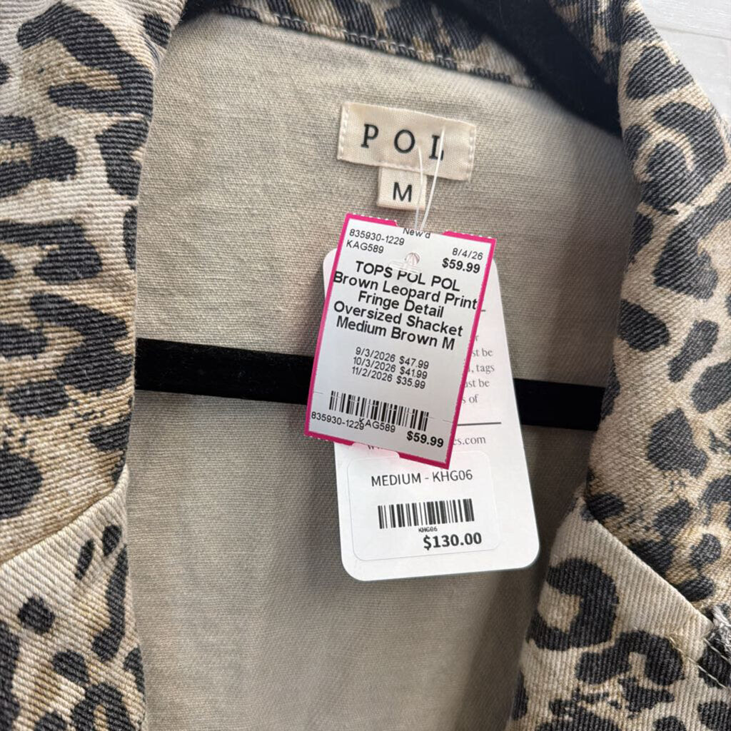 POL Brown Leopard Print Fringe Detail Oversized Shacket Medium