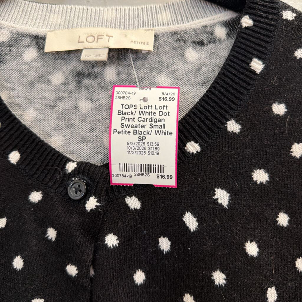 Loft Black/ White Dot Print Cardigan Sweater Small Petite