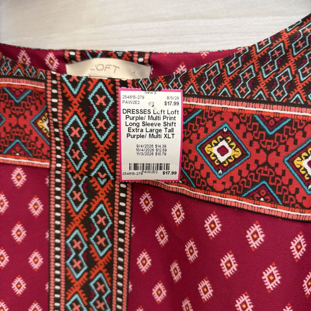 Loft Purple/ Multi Print Long Sleeve Shift Extra Large Tall