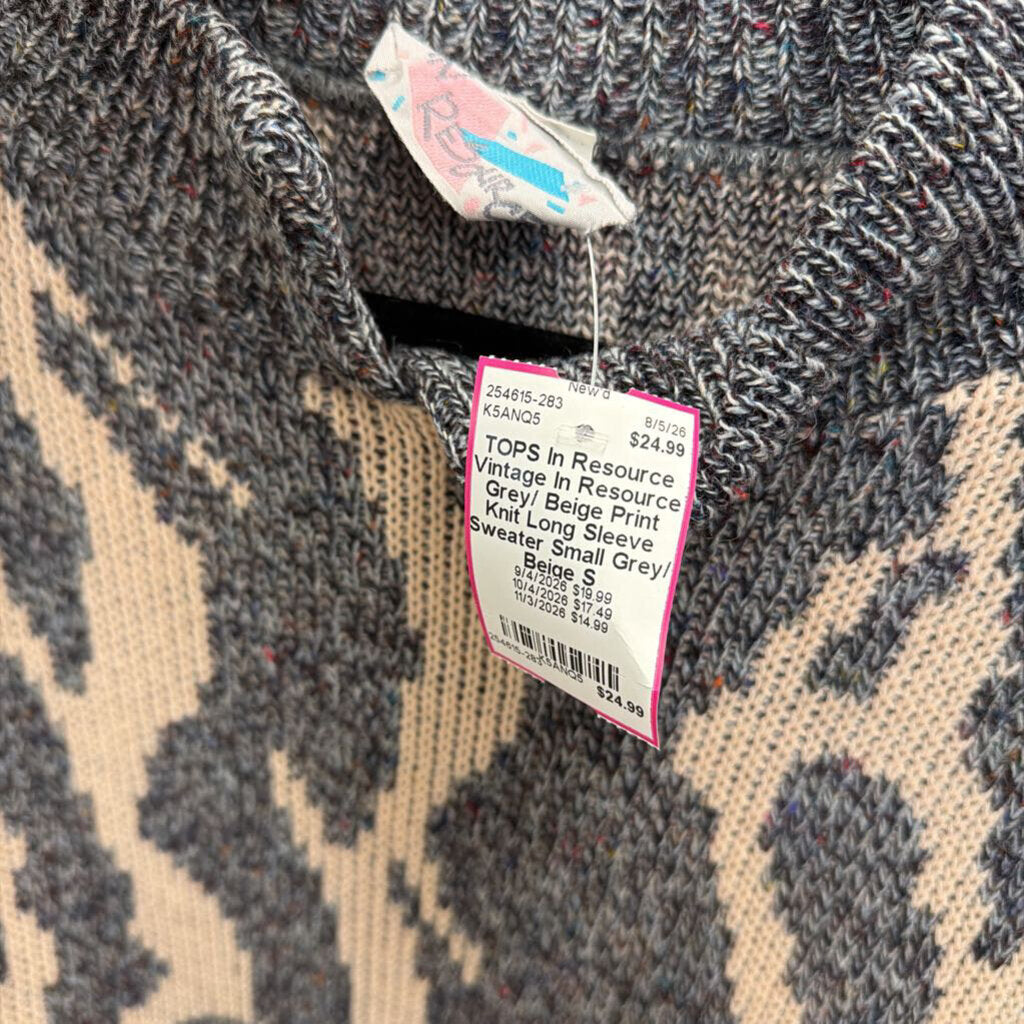 Vintage In Resource Grey/ Beige Print Knit Long Sleeve Sweater Small