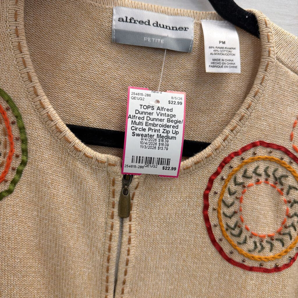 Vintage Alfred Dunner Begie/ Multi Embroidered Circle Print Zip Up Sweater Medium Petite