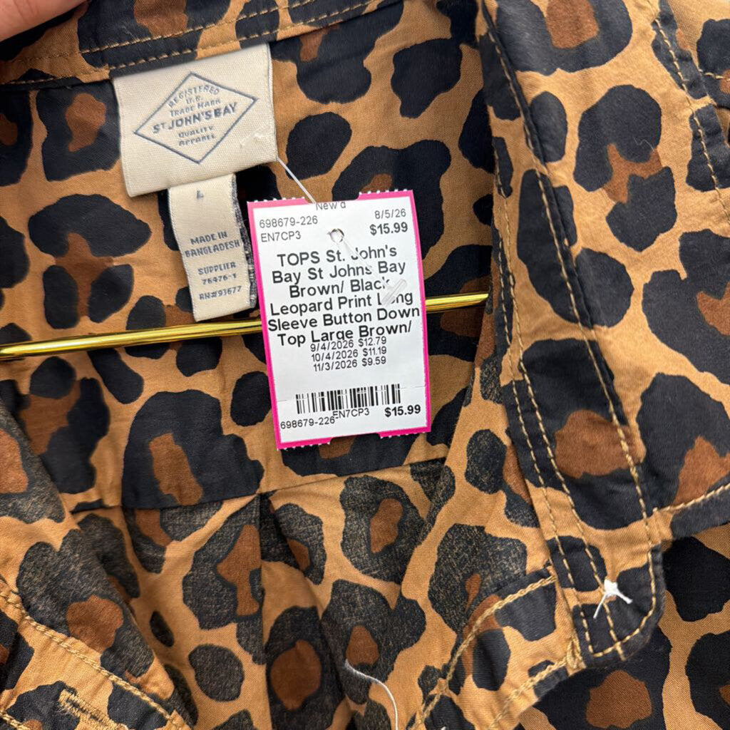 St Johns Bay Brown/ Black Leopard Print Long Sleeve Button Down Top Large