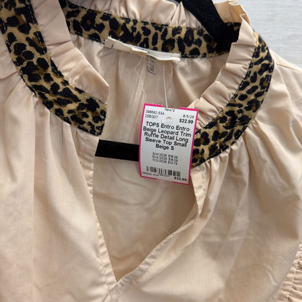 Entro Beige Leopard Trim Ruffle Detail Long Sleeve Top Small