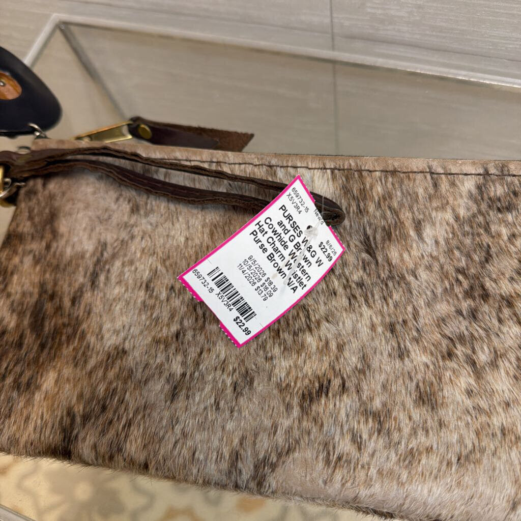 W and G Brown Cowhide Western Hat Charm Wristlet Purse