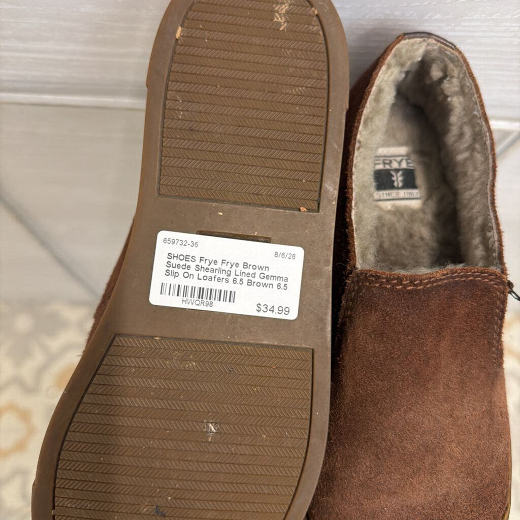 Frye Brown Suede Shearling Lined Gemma Slip On Loafers 6.5
